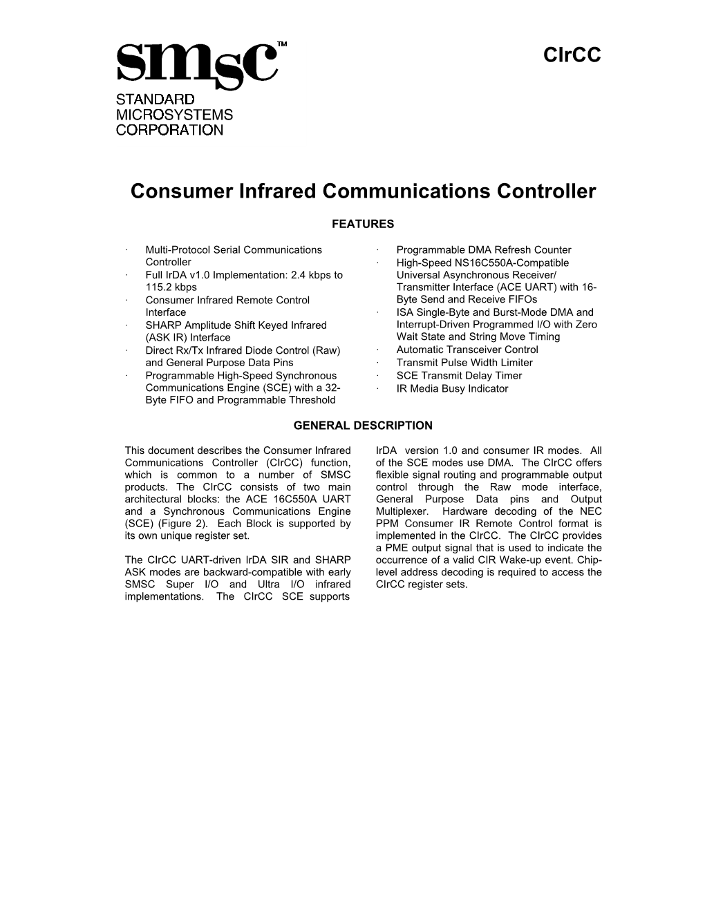 Consumer Infrared Communications Controller Datasheet