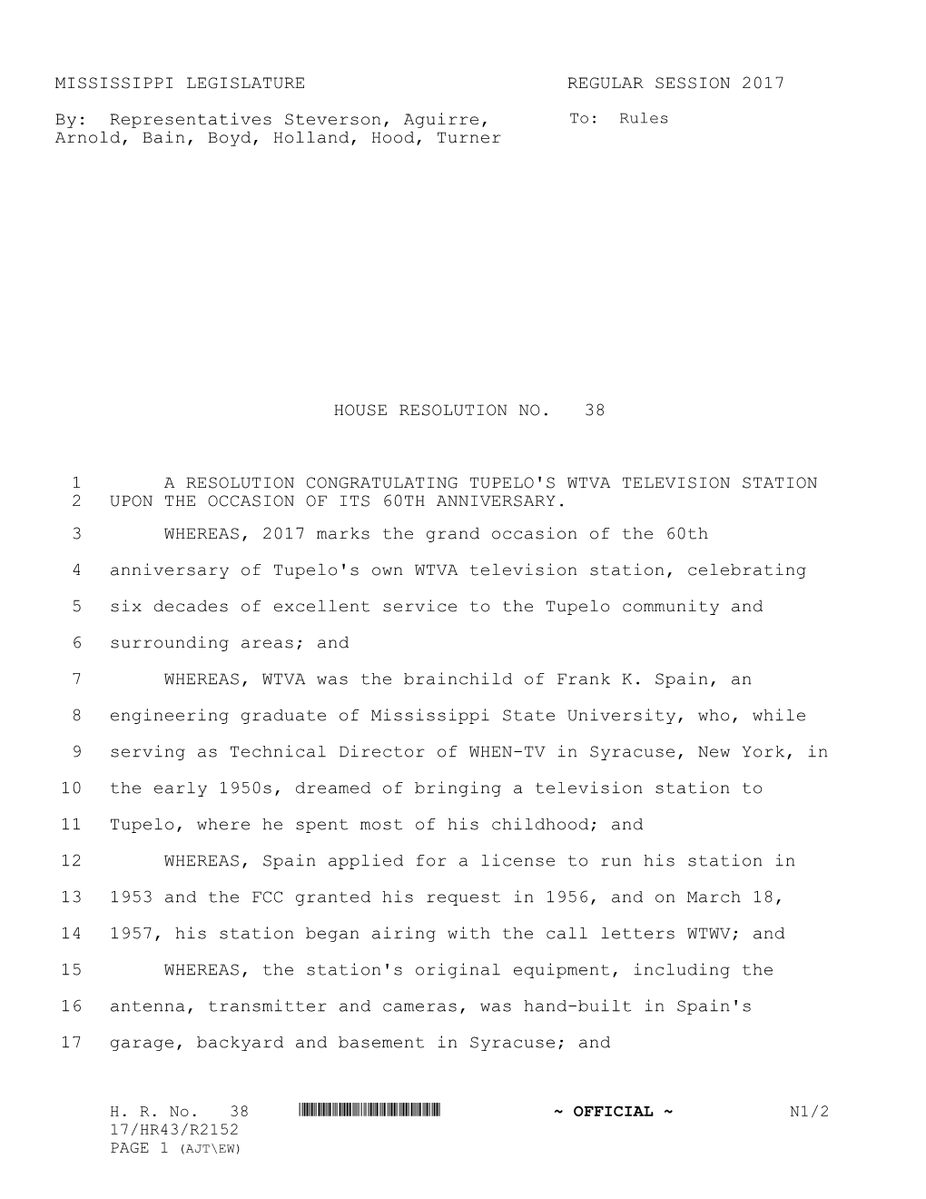 MISSISSIPPI LEGISLATURE REGULAR SESSION 2017 By