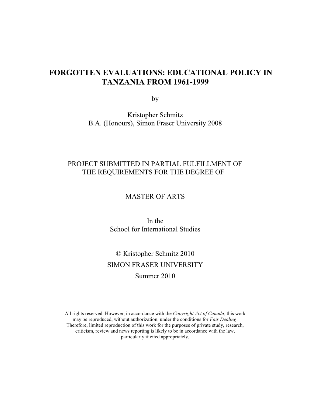 Forgotten Evaluations: Education Policy in Tanzania from 1961-1999
