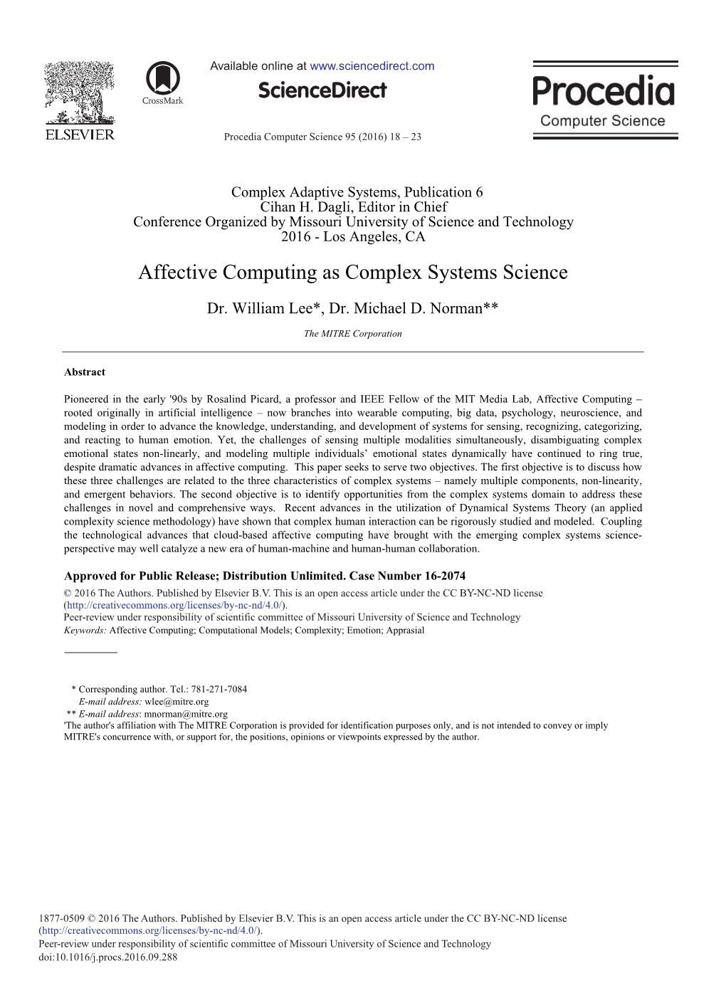 Affective Computing As Complex Systems Science