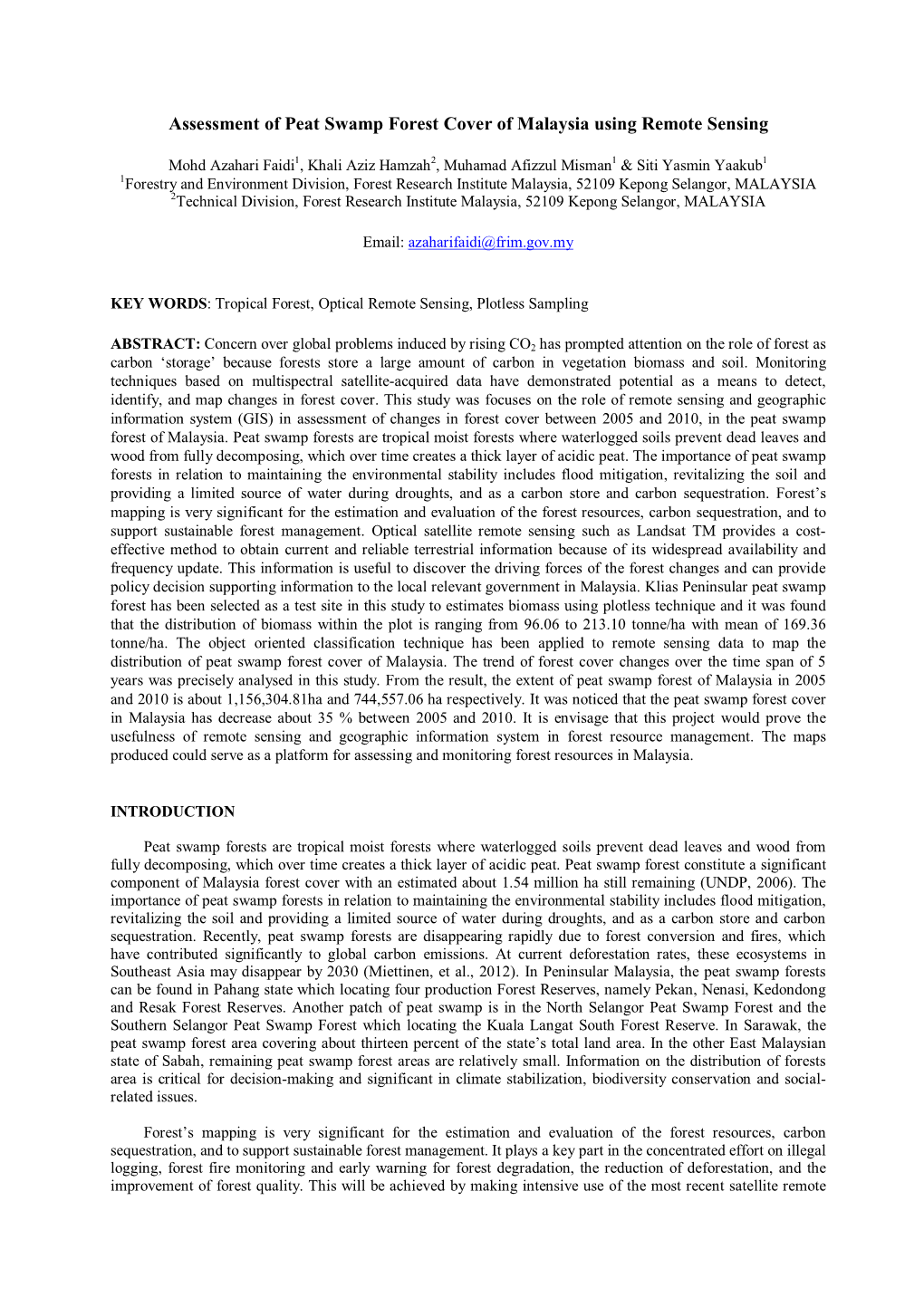 Assessment of Peat Swamp Forest Cover of Malaysia Using Remote Sensing