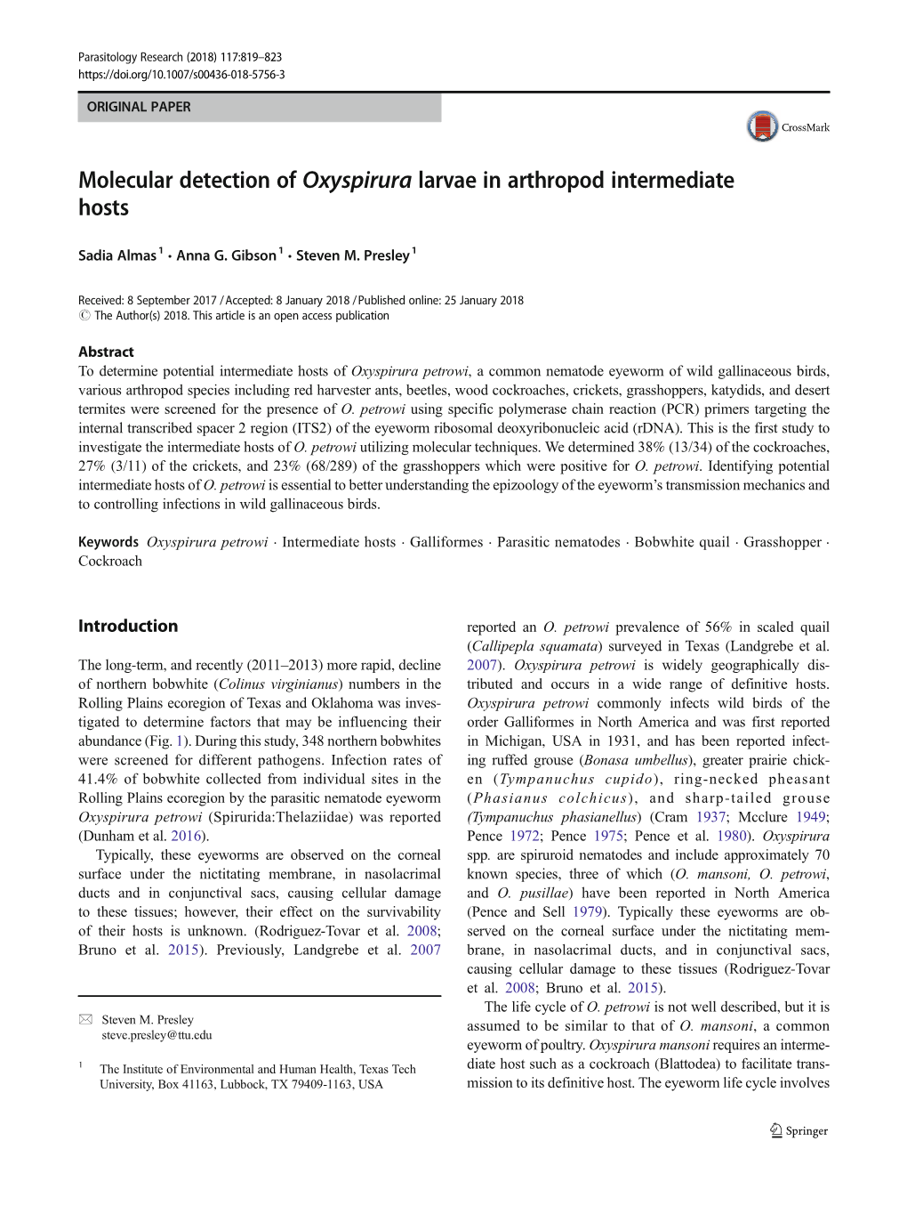 Molecular Detection of Oxyspirura Larvae in Arthropod Intermediate Hosts