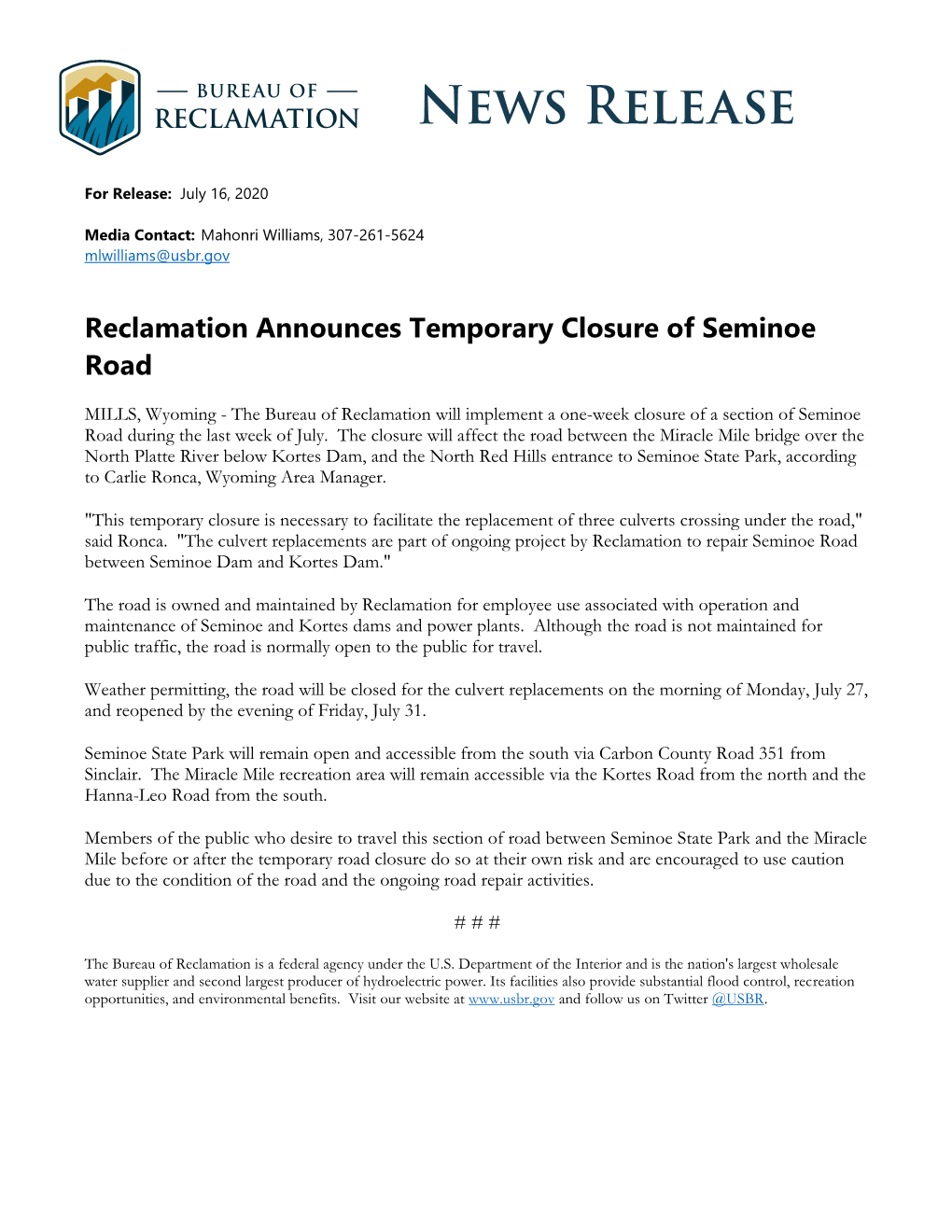 Reclamation Announces Temporary Closure of Seminoe Road