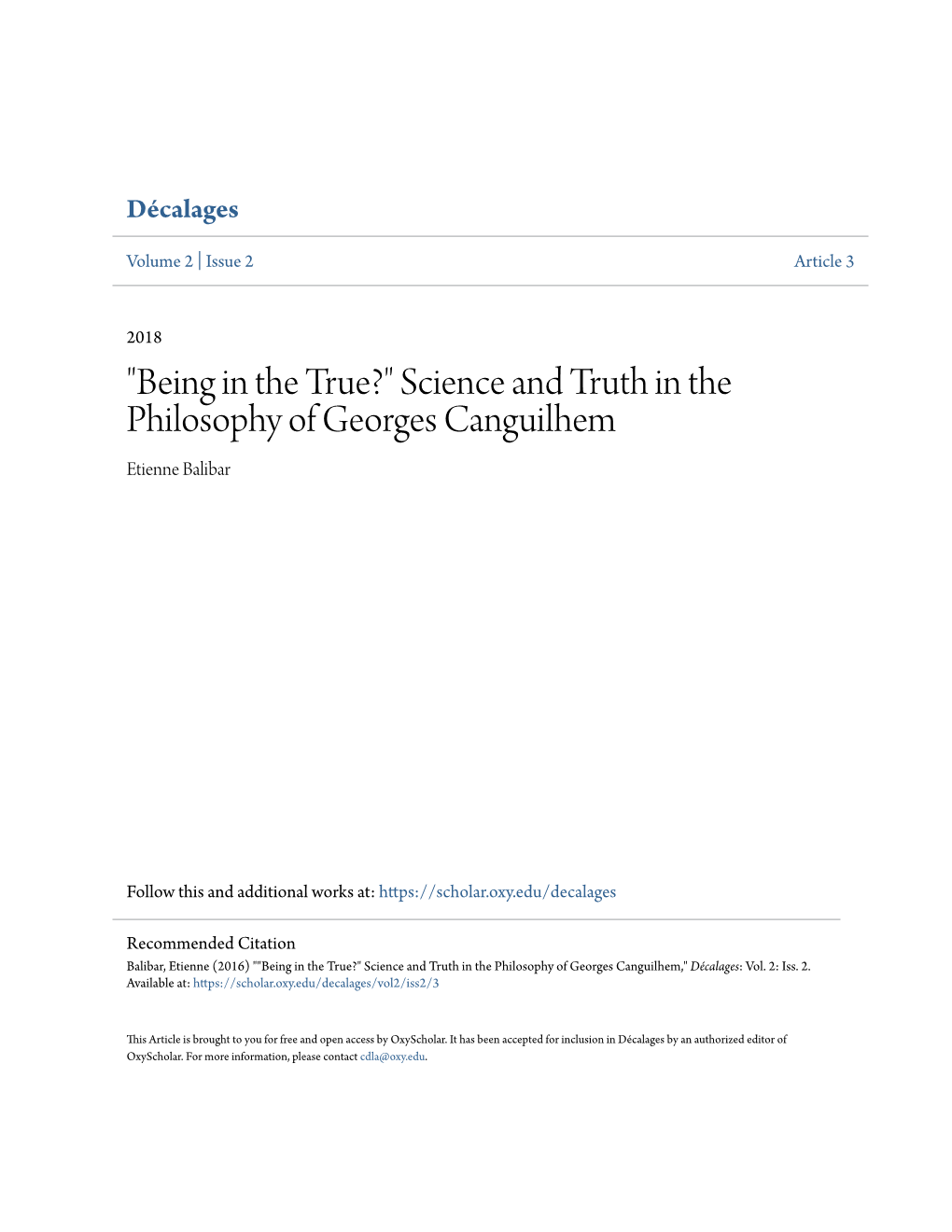 Science and Truth in the Philosophy of Georges Canguilhem Etienne Balibar