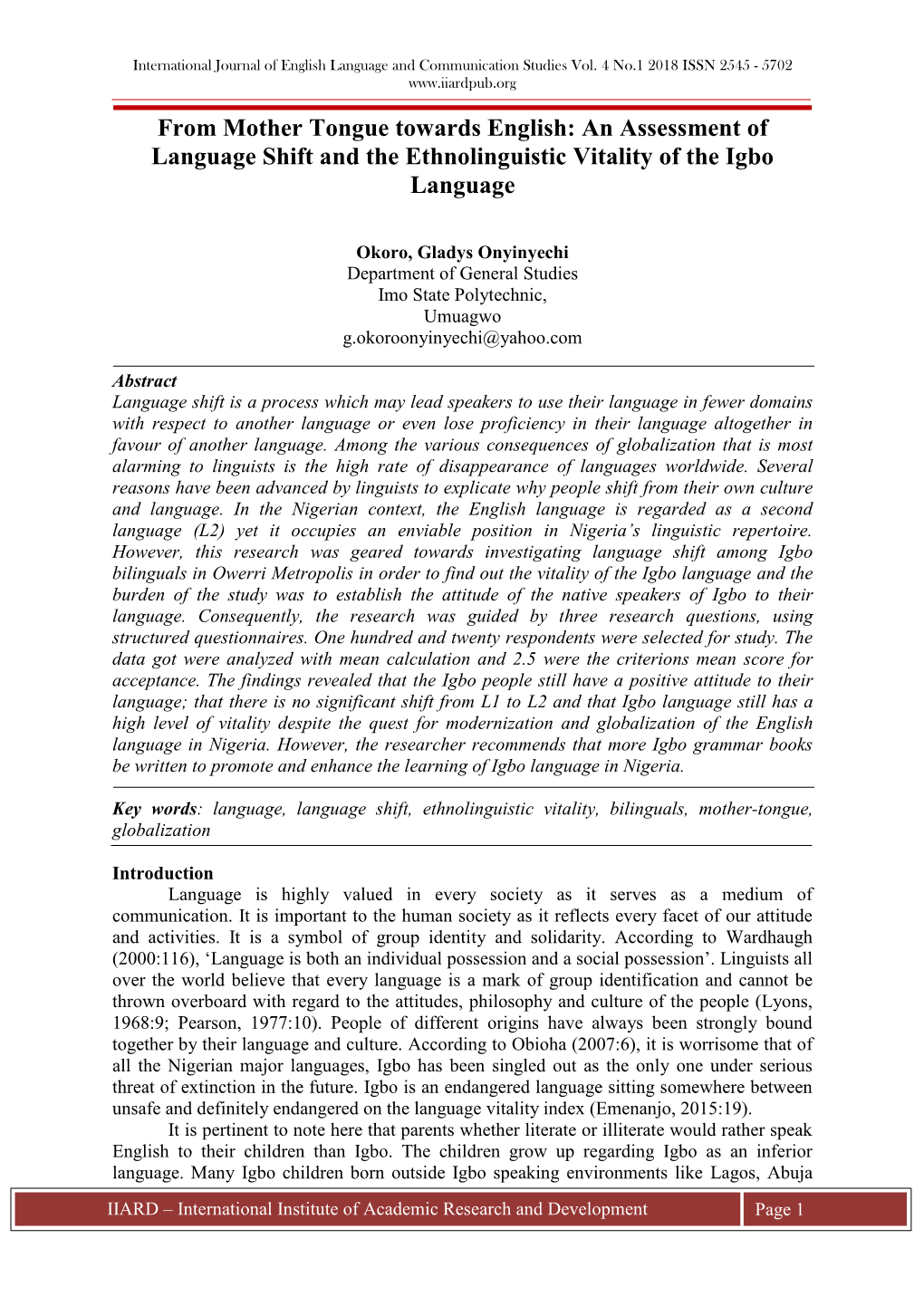 An Assessment of Language Shift and the Ethnolinguistic Vitality of the Igbo Language