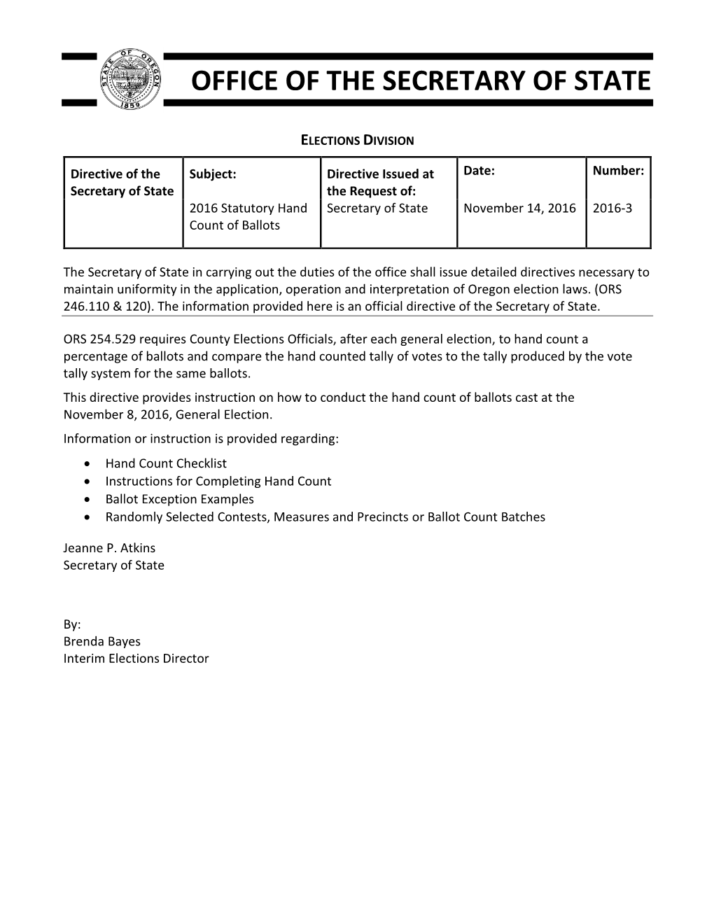 Directive 2016-3 Hand Count Checklist