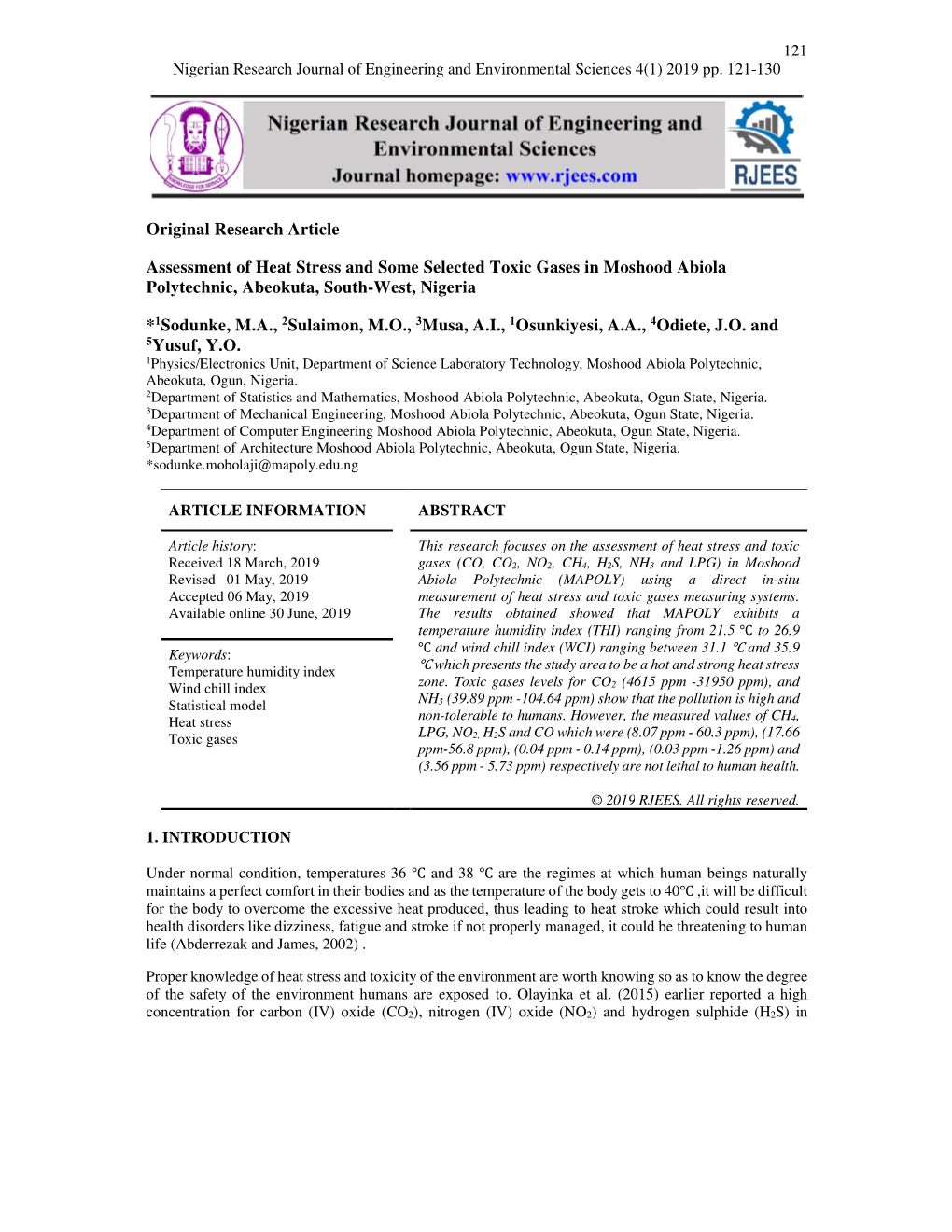 Original Research Article Assessment of Heat Stress and Some Selected