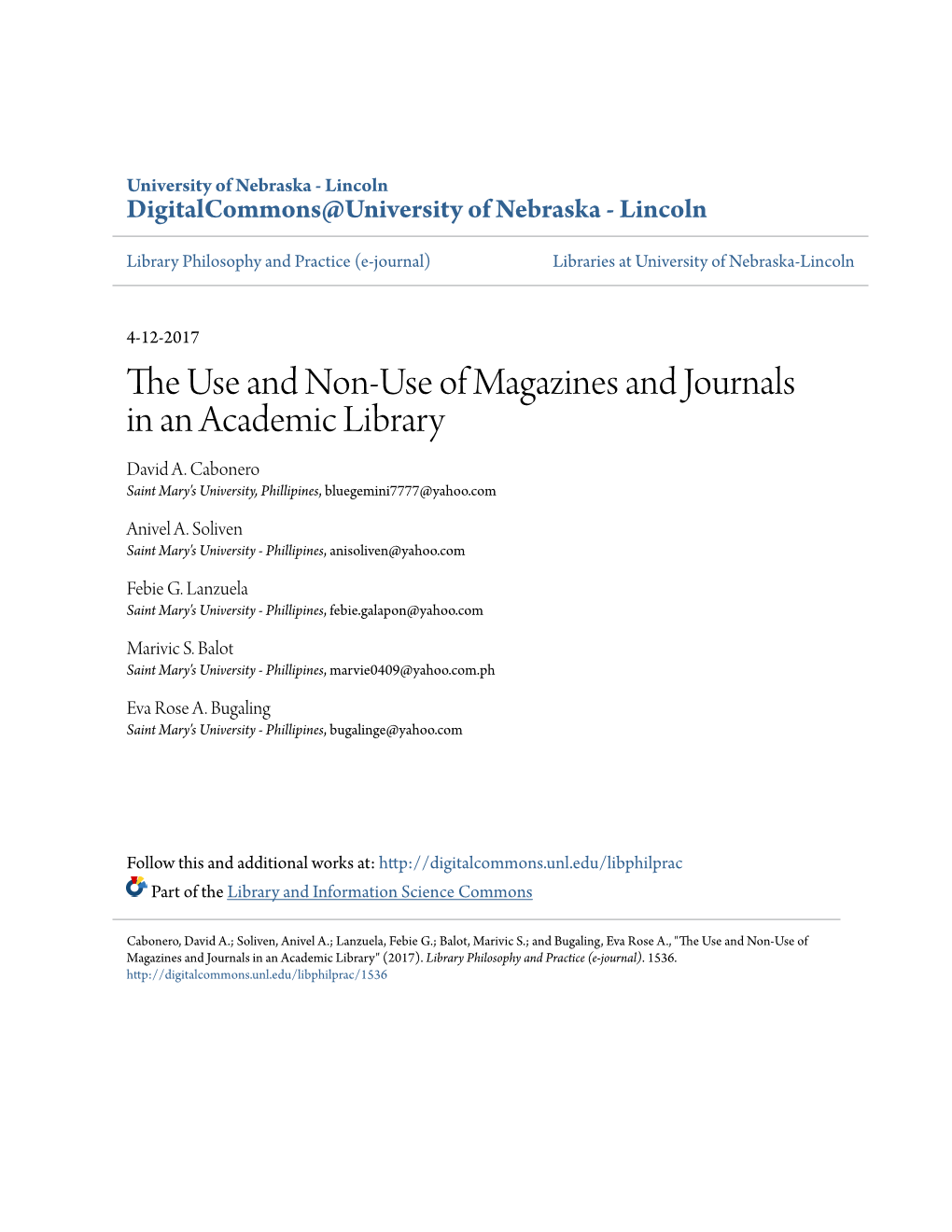 The Use and Non-Use of Magazines and Journals in an Academic Library