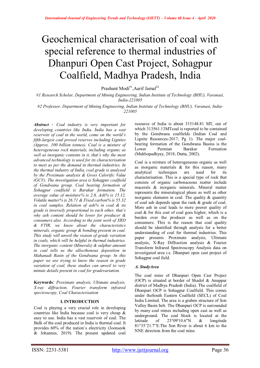 Geochemical Characterisation of Coal with Special Reference to Thermal Industries of Dhanpuri Open Cast Project, Sohagpur Coalfield, Madhya Pradesh, India