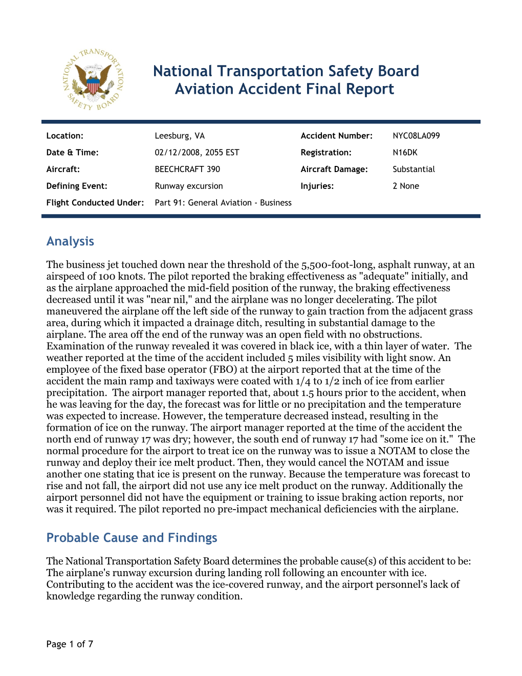 National Transportation Safety Board Aviation Accident Final Report