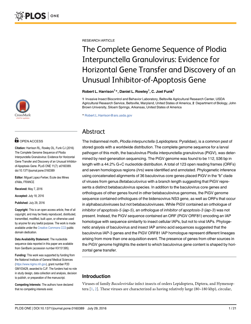 The Complete Genome Sequence of Plodia Interpunctella Granulovirus: Evidence for Horizontal Gene Transfer and Discovery of an Unusual Inhibitor-Of-Apoptosis Gene