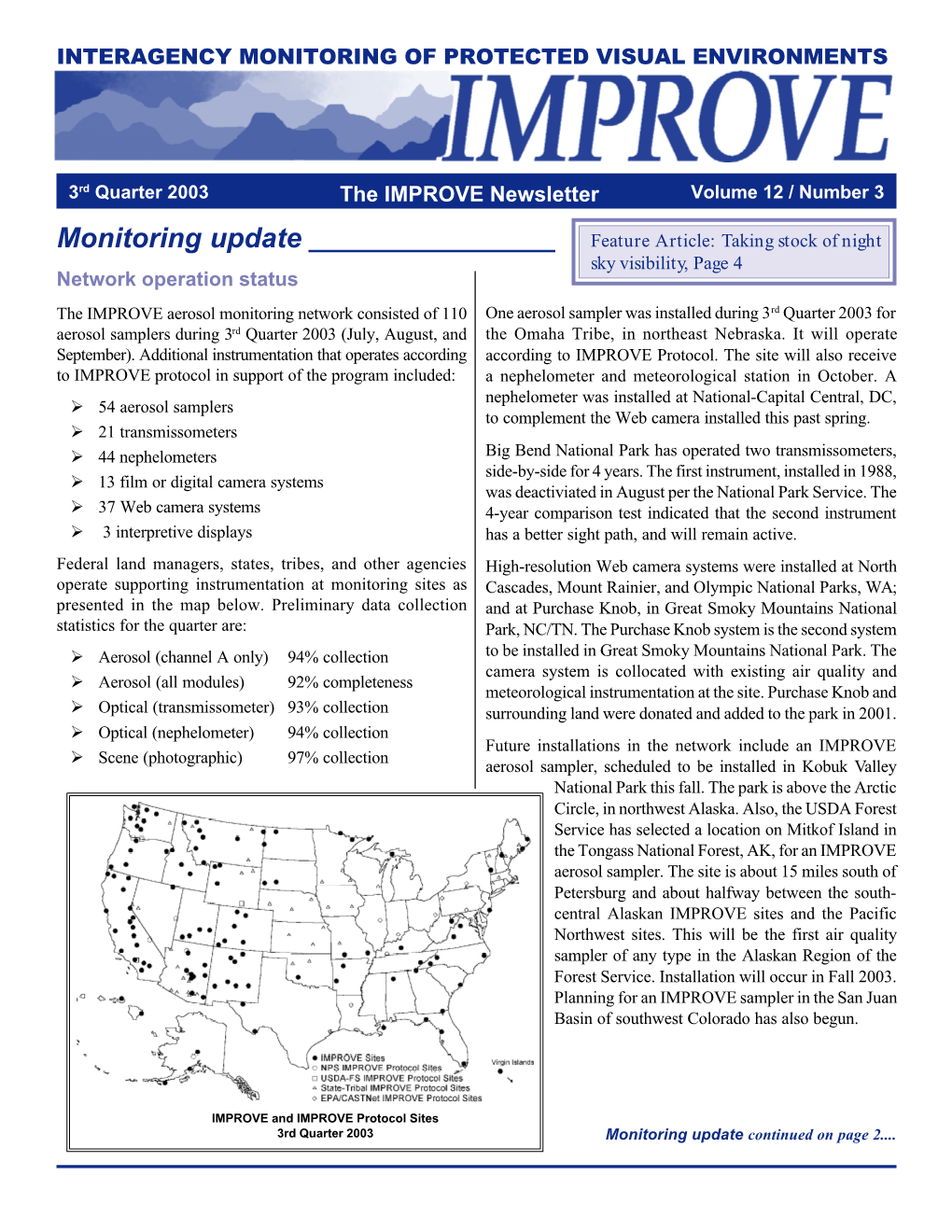 3Rd Quarter 2003 the IMPROVE Newsletter Volume 12 / Number 3