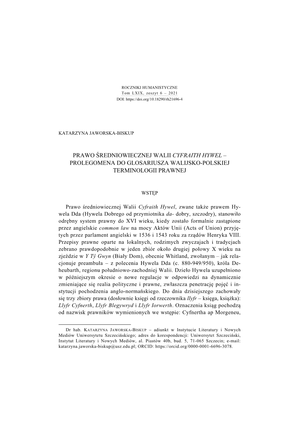 Prawo Średniowiecznej Walii Cyfraith Hywel – Prolegomena Do Glosariusza Walijsko-Polskiej Terminologii Prawnej