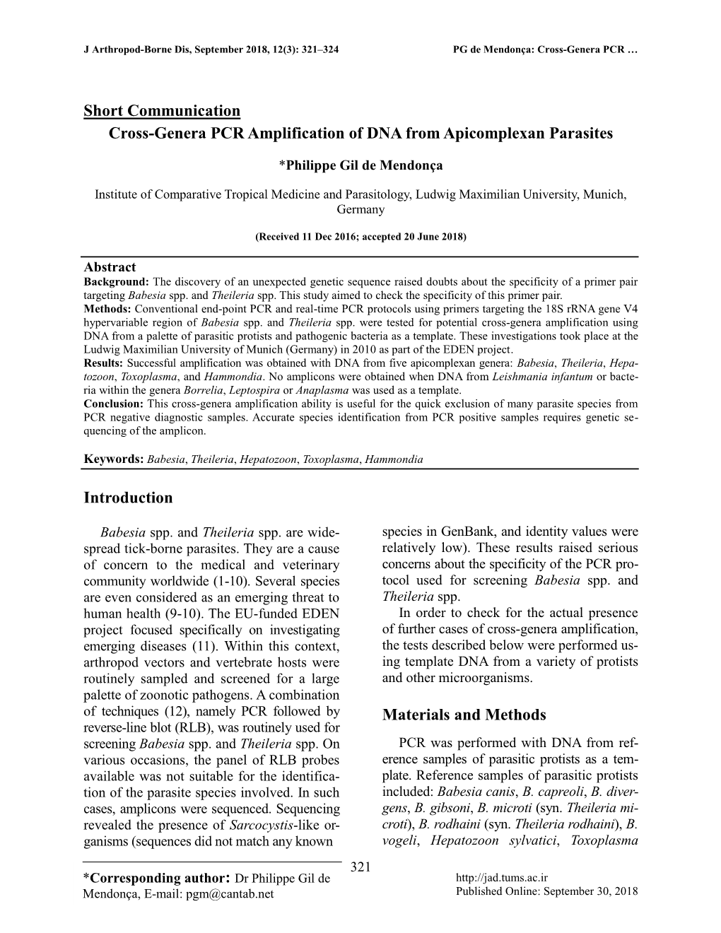 Short Communication Cross-Genera PCR Amplification of DNA from Apicomplexan Parasites