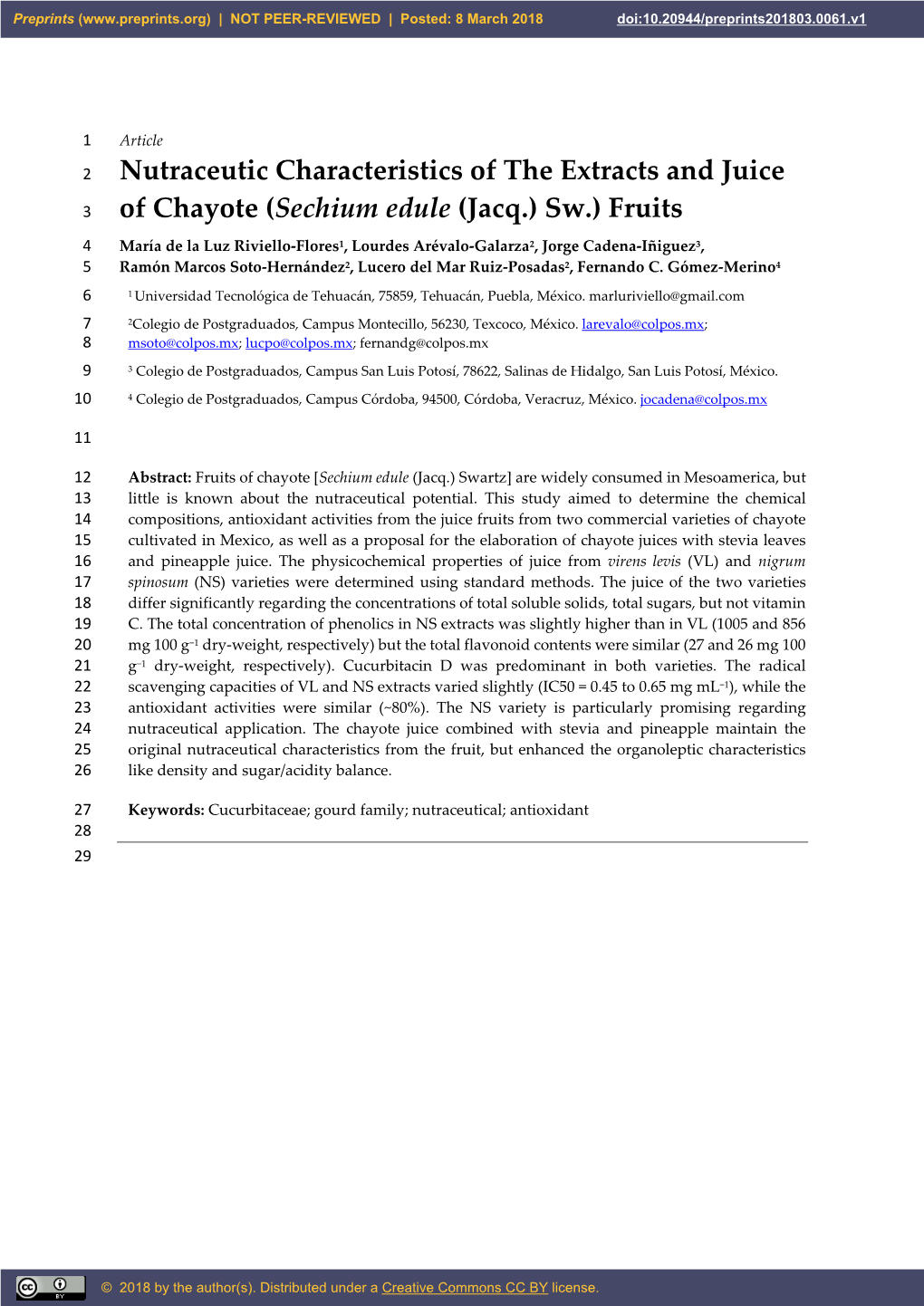 Nutraceutic Characteristics of the Extracts and Juice of Chayote