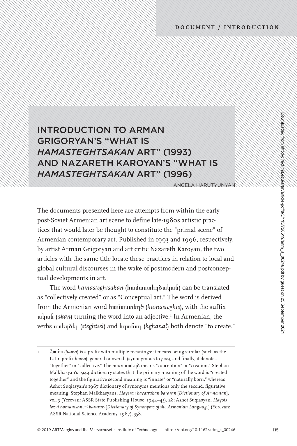 Introduction to Arman Grigoryan's “What Is Hamasteghtsakan Art” (1993) and Nazareth Karoyan's “What Is Hamasteghtsakan
