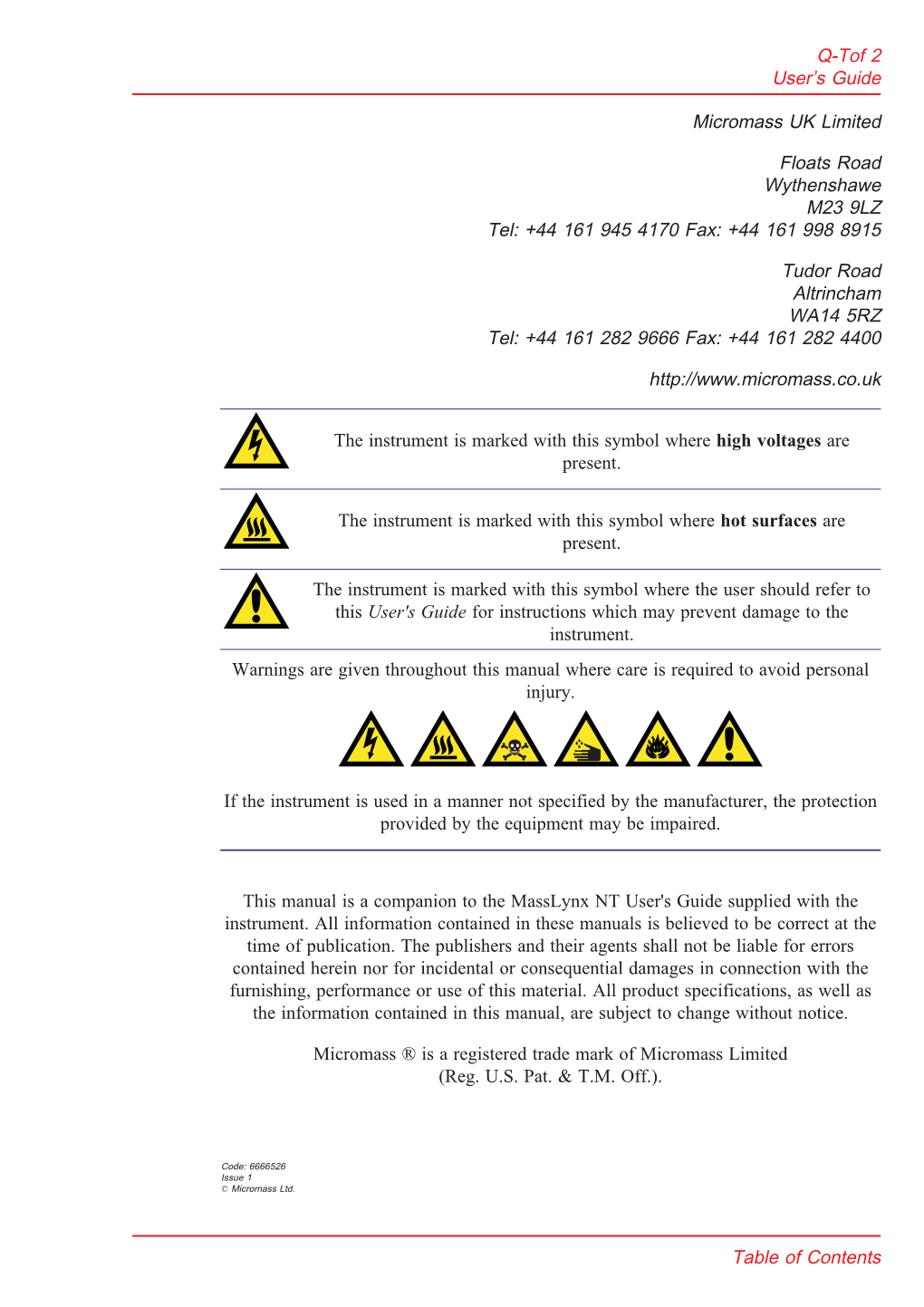 Q-Tof 2 User's Guide, Issue 1. 6666526