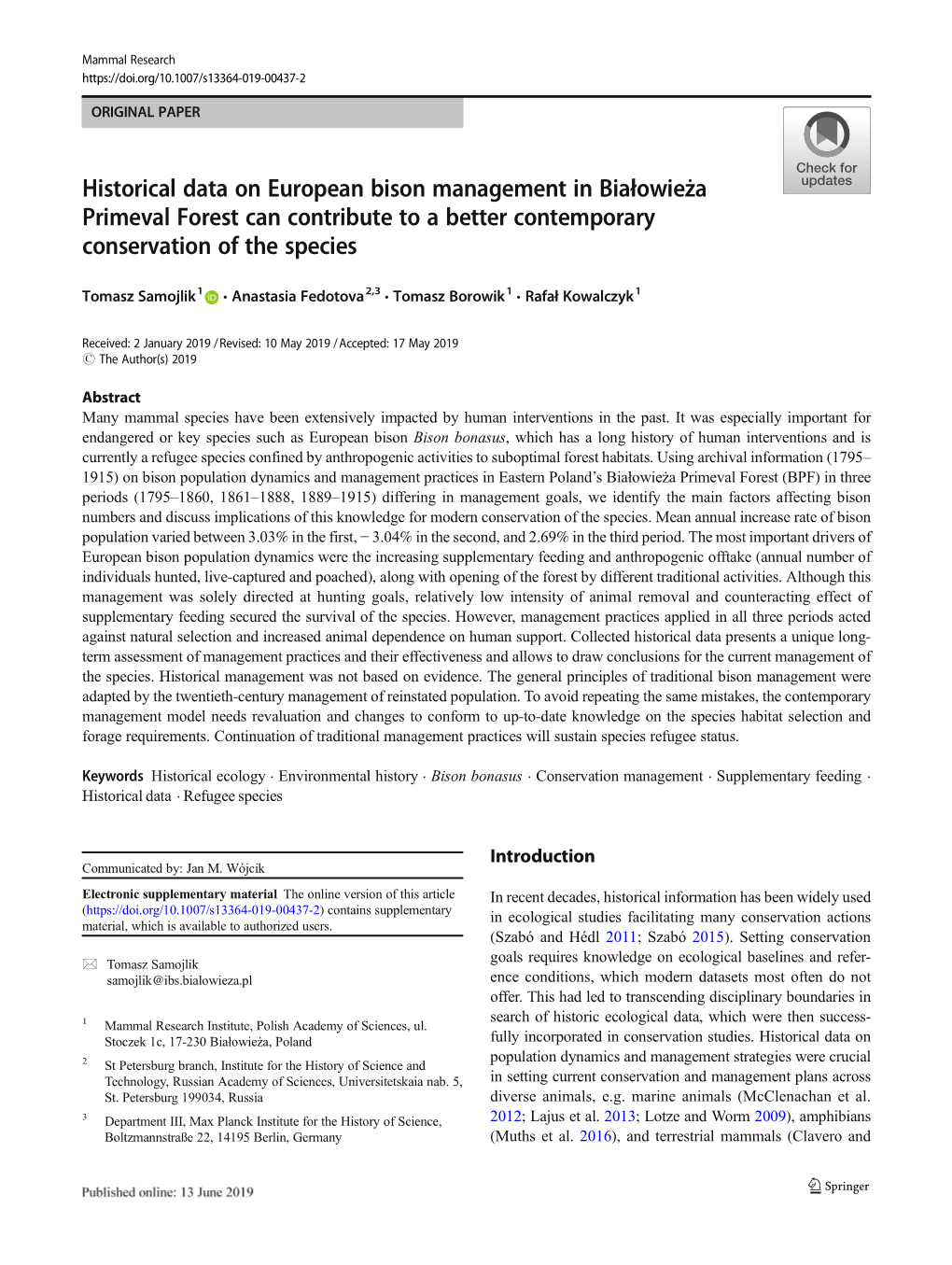 Historical Data on European Bison Management in Białowieża Primeval Forest Can Contribute to a Better Contemporary Conservation of the Species