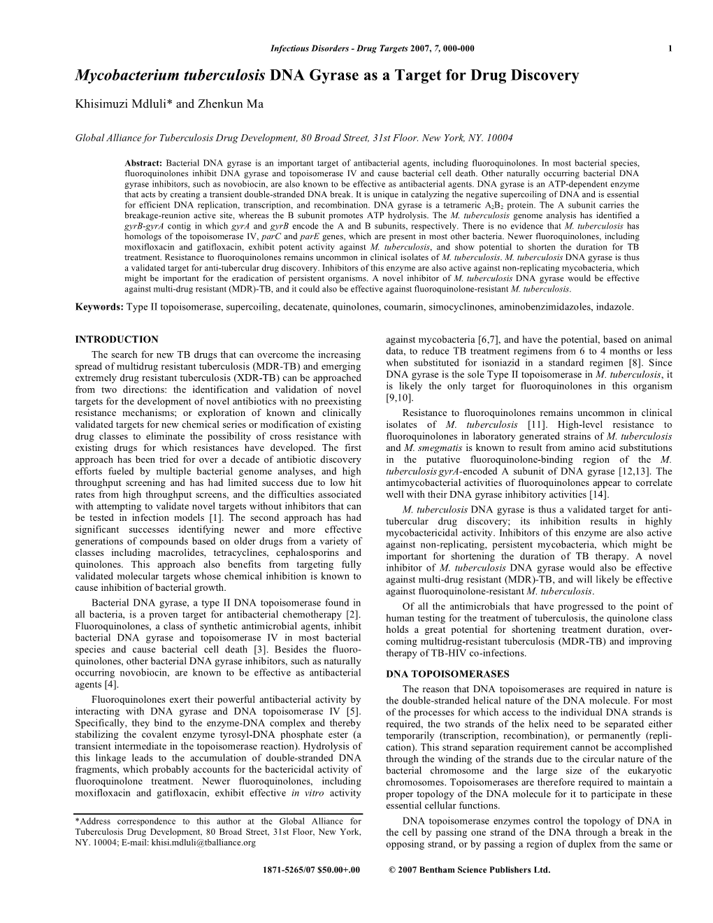 Mycobacterium Tuberculosis DNA Gyrase As a Target for Drug Discovery