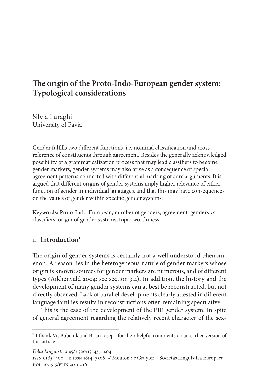 The Origin of the Proto-Indo-European Gender System: Typological Considerations