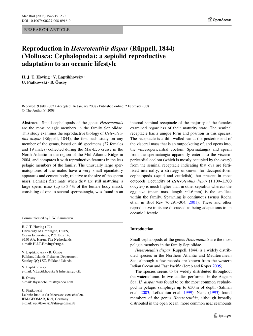 Reproduction in Heteroteuthis Dispar (Rüppell, 1844) (Mollusca: Cephalopoda): a Sepiolid Reproductive Adaptation to an Oceanic Lifestyle