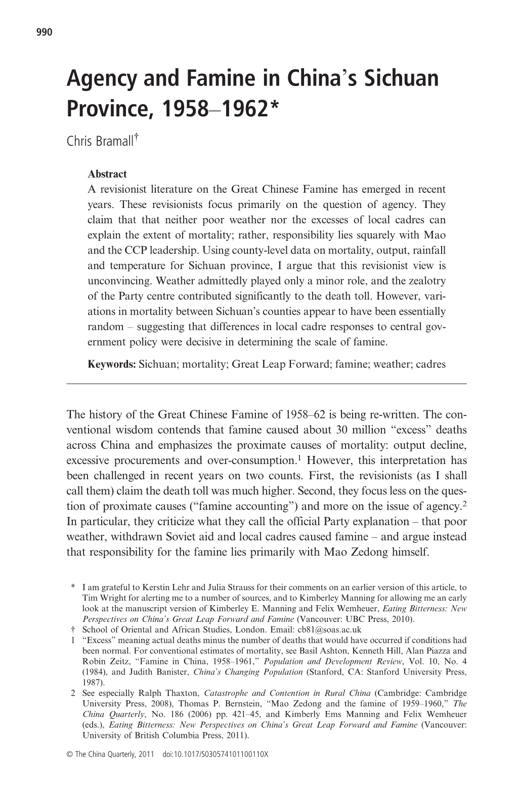 Agency and Famine in China's Sichuan Province, 1958–1962*