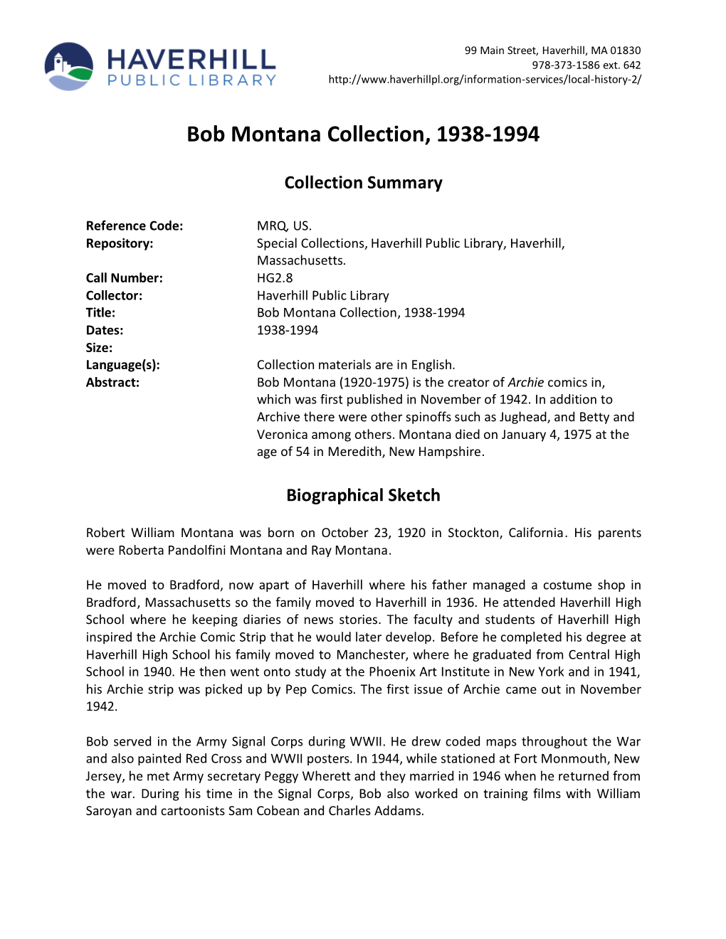 Bob Montana Collection, 1938-1994