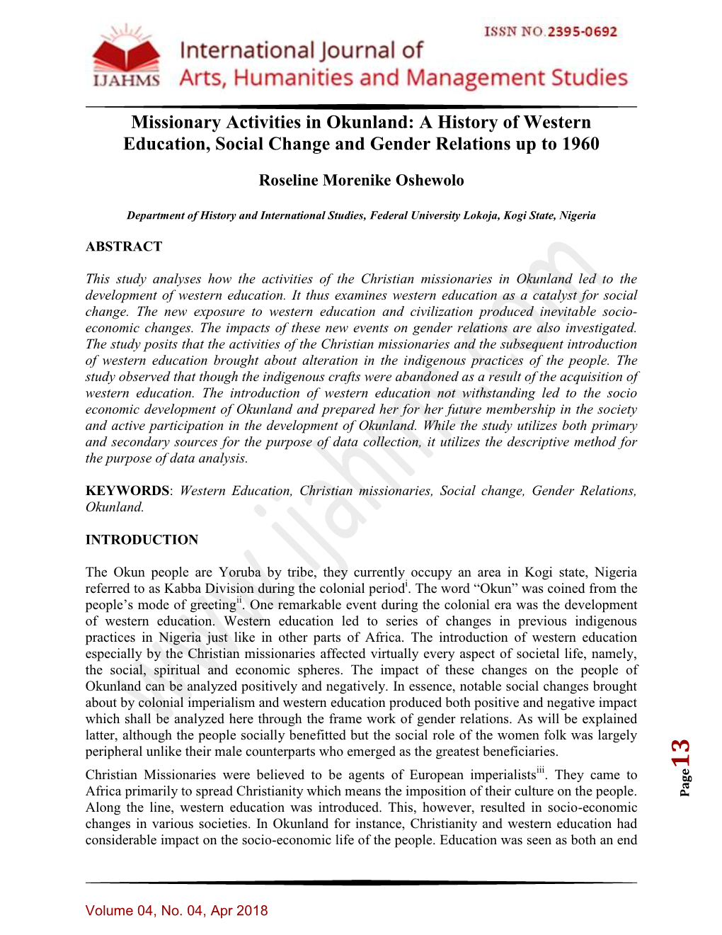 Missionary Activities in Okunland: a History of Western Education, Social Change and Gender Relations up to 1960