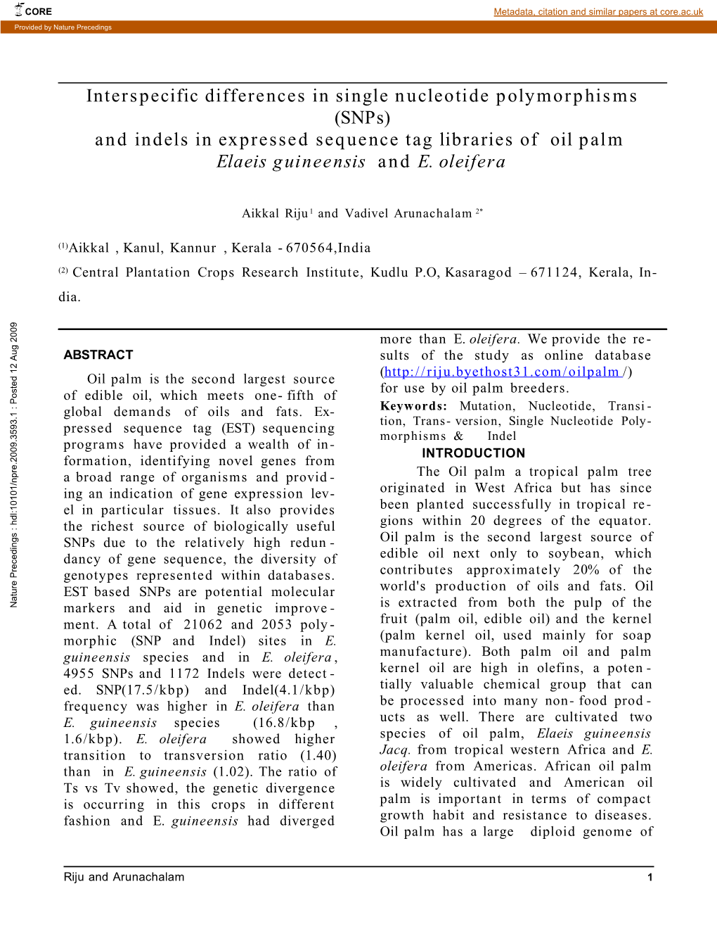 Interspecific Differences in Single Nucleotide Polymorphisms (Snps) and Indels in Expressed Sequence Tag Libraries of Oil Palm Elaeis Guineensis and E