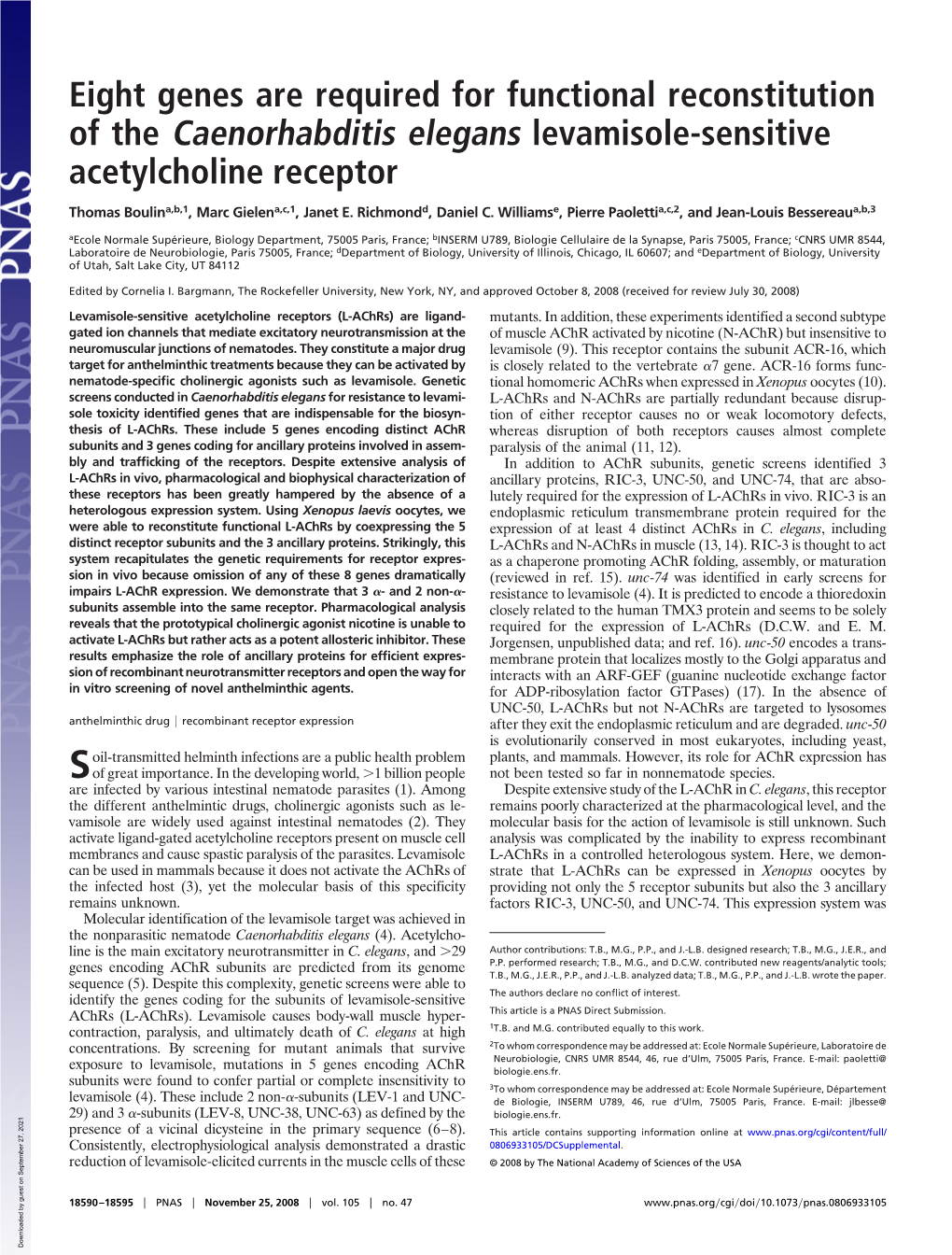 Eight Genes Are Required for Functional Reconstitution of the Caenorhabditis Elegans Levamisole-Sensitive Acetylcholine Receptor