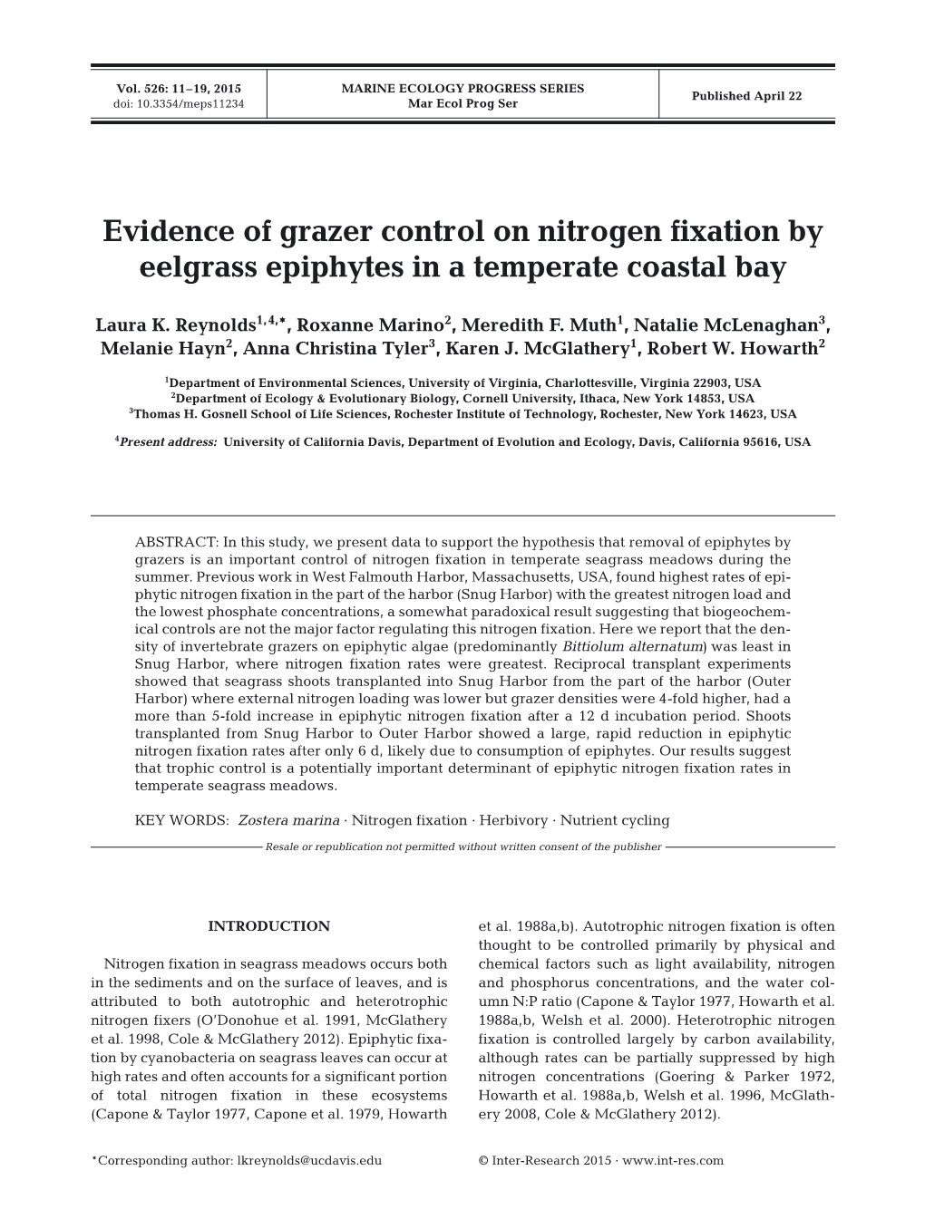 Evidence of Grazer Control on Nitrogen Fixation by Eelgrass Epiphytes in a Temperate Coastal Bay