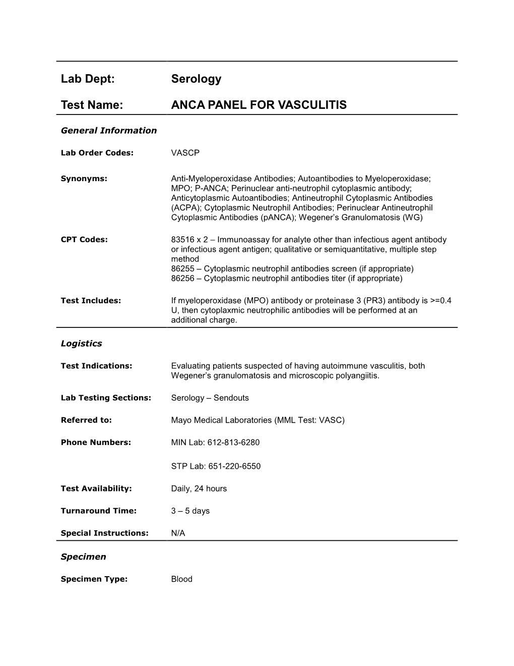 Anca Panel for Vasculitis