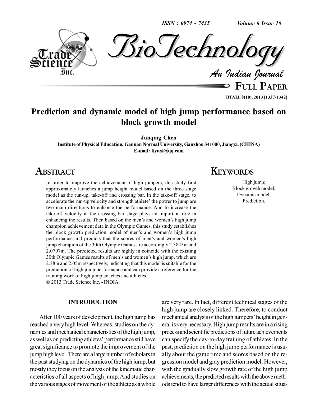 Prediction and Dynamic Model of High Jump Performance Based on Block Growth Model