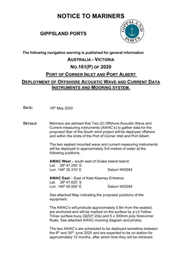 Victoria No.161(P) of 2020 Port of Corner Inlet and Port Albert Deployment of Offshore Acoustic Wave and Current Data Instruments and Mooring System