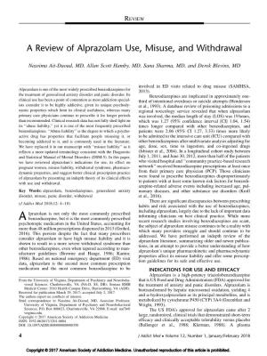 A Review of Alprazolam Use, Misuse, and Withdrawal Copyright © 2017 American Society of Addiction Medicine