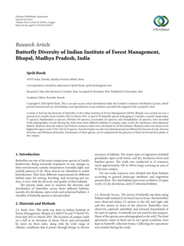 Research Article Butterfly Diversity of Indian Institute of Forest Management, Bhopal, Madhya Pradesh, India