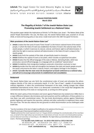 The Illegality of Article 7 of the Jewish Nation-State Law: Promoting Jewish Settlement As a National Value