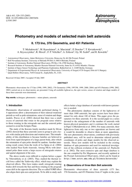 Photometry and Models of Selected Main Belt Asteroids