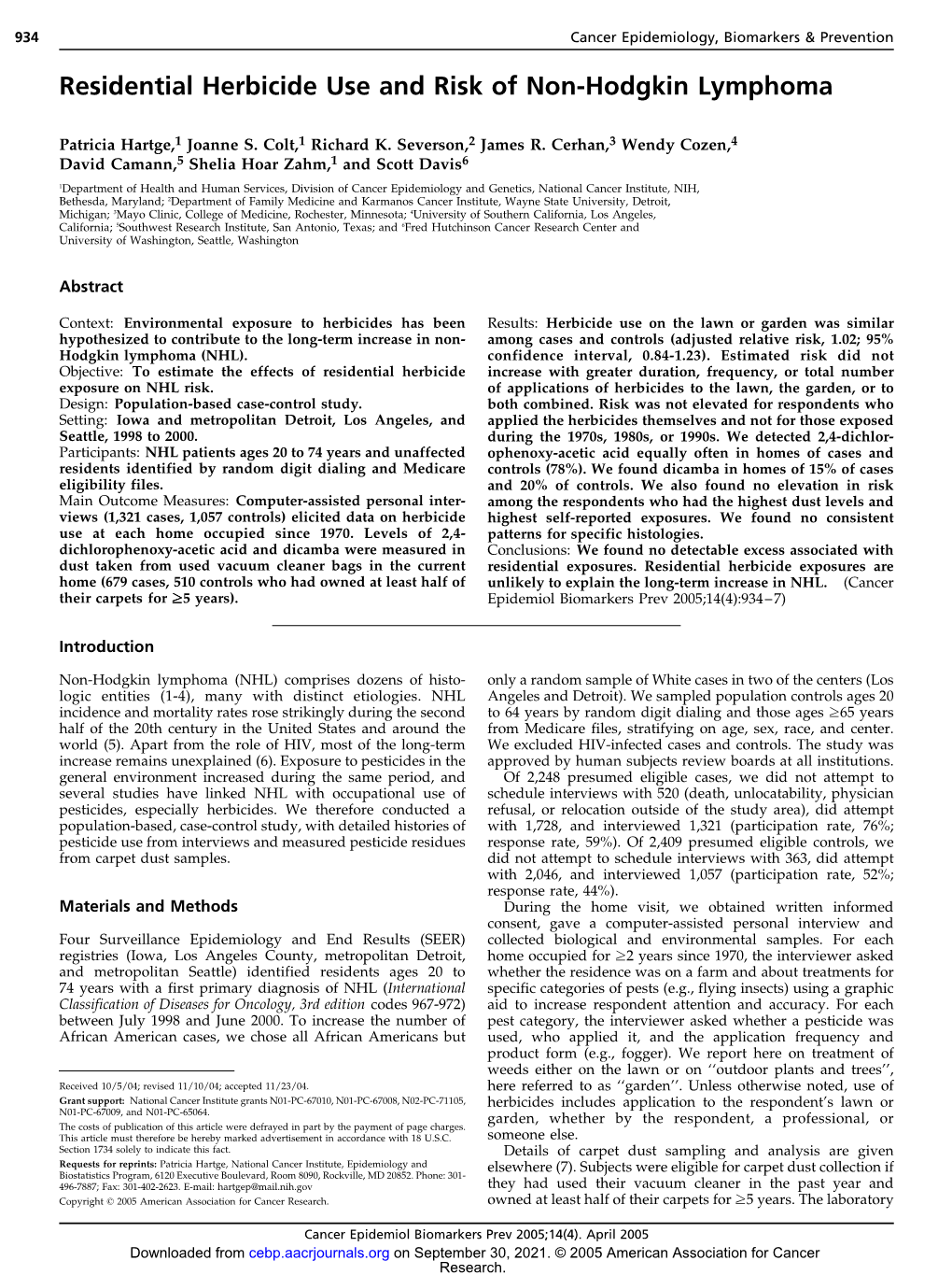 Residential Herbicide Use and Risk of Non-Hodgkin Lymphoma