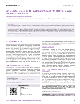 An Update Review on the Anthelmintic Activity of Bitter Gourd, Momordica Charantia Sutthaya Poolperm, Wannee Jiraungkoorskul1