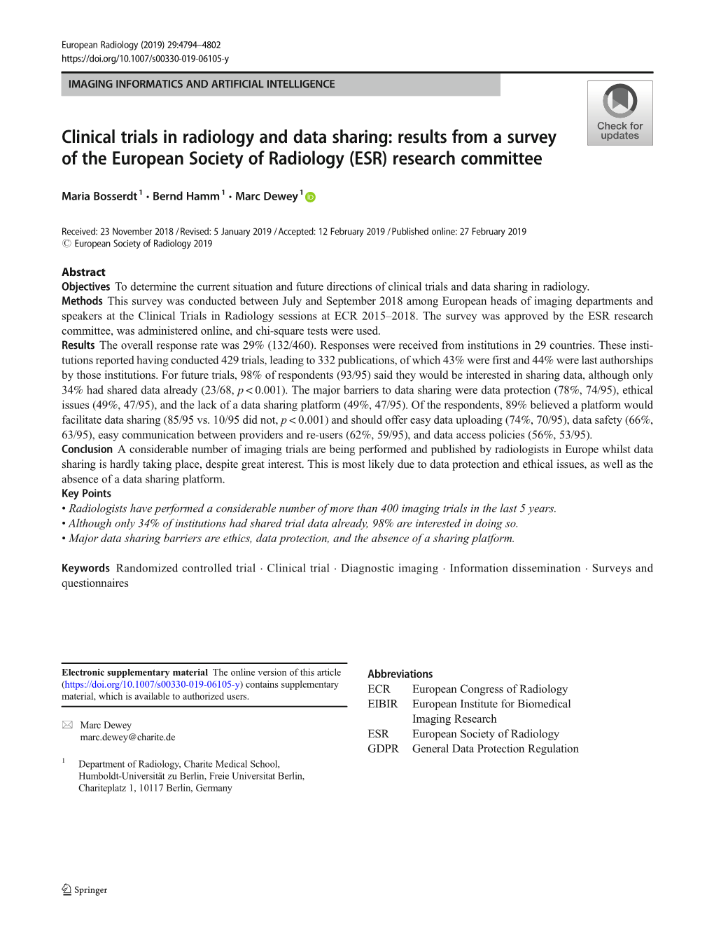 Clinical Trials in Radiology and Data Sharing: Results from a Survey of the European Society of Radiology (ESR) Research Committee