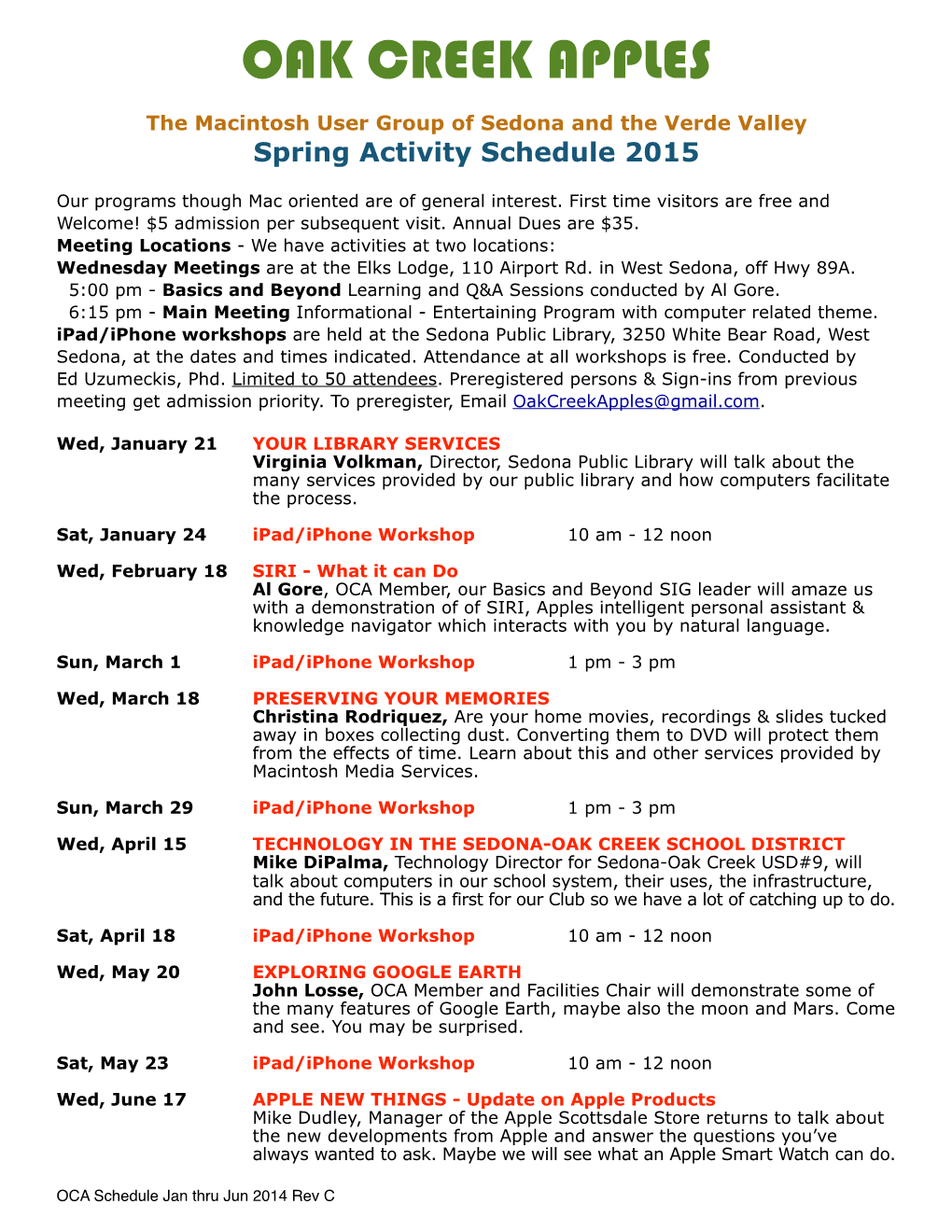 OCA Schedule Jan Thru Jun 2015 Rev C.Pages