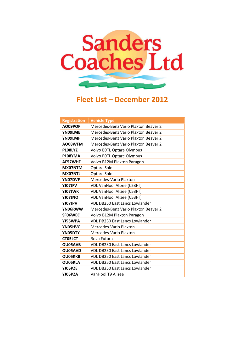 Sanders Coaches Fleet List December 2012