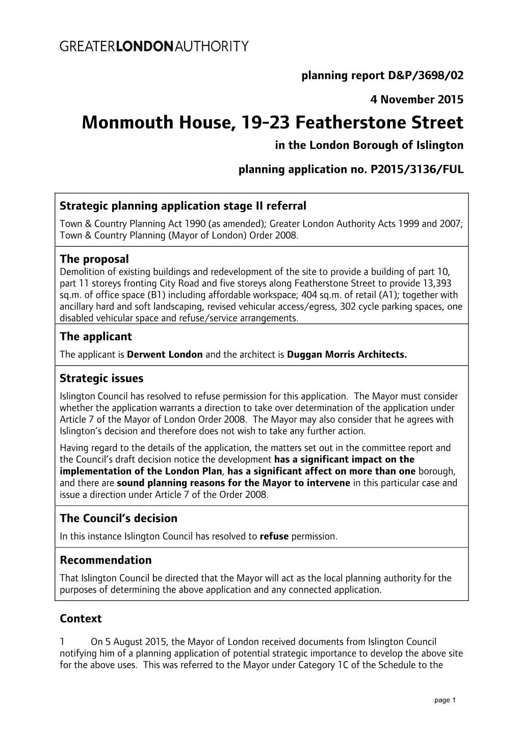 Monmouth House, 19-23 Featherstone Street in the London Borough of Islington Planning Application No