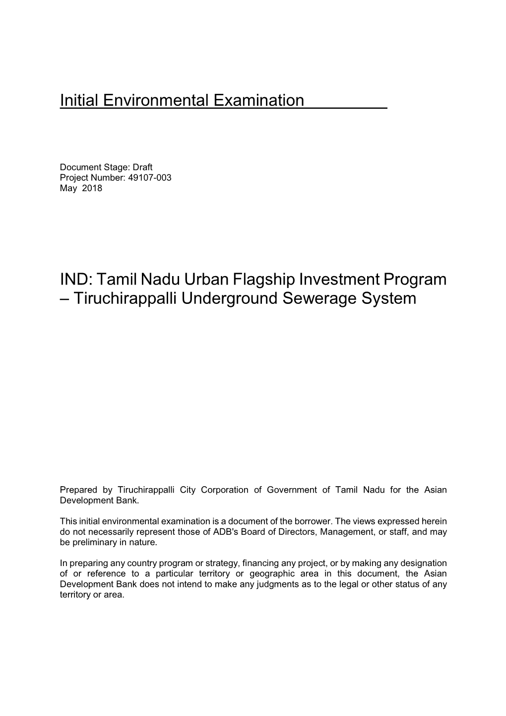Tamil Nadu Urban Flagship Investment Program – Tiruchirappalli Underground Sewerage System