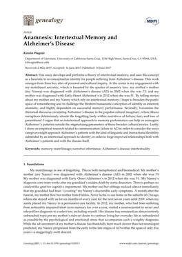 Anamnesis: Intertextual Memory and Alzheimer's Disease