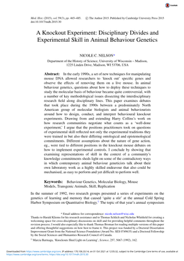 Disciplinary Divides and Experimental Skill in Animal Behaviour Genetics