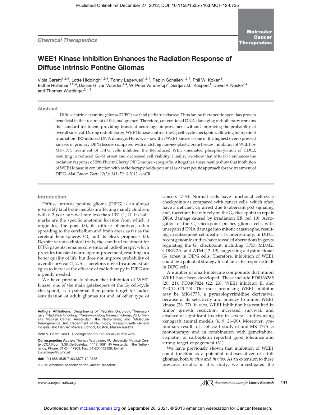 WEE1 Kinase Inhibition Enhances the Radiation Response of Diffuse Intrinsic Pontine Gliomas