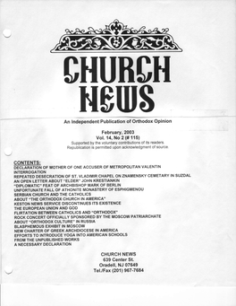An Independent Publication of Orthodox Opinion February, 2003