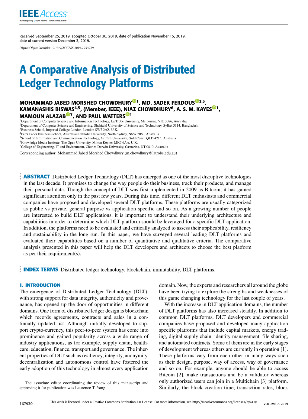 A Comparative Analysis of Distributed Ledger Technology Platforms